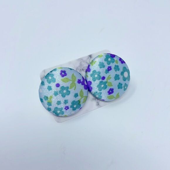 Blue Floral Fabric Button Studs Post Earrings - Picture 4 of 6